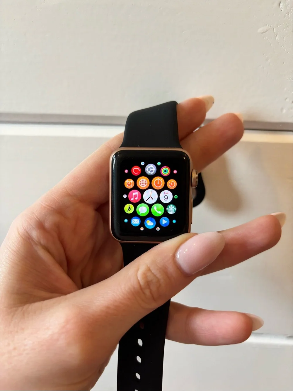 Apple Watch - Black Sport Band, Rose Gold
